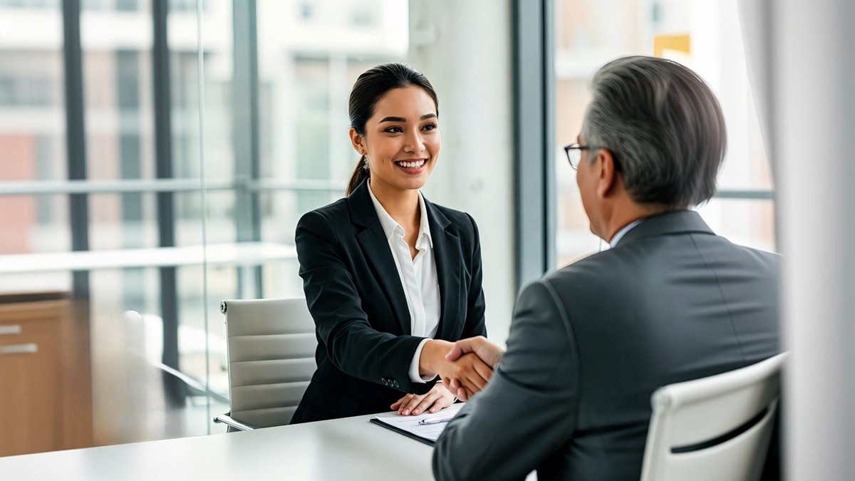 Businesswoman shaking hands with employer during a job interview