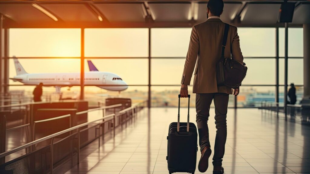 Traveler with a suitcase walking through an airport terminal towards an airplane at sunset